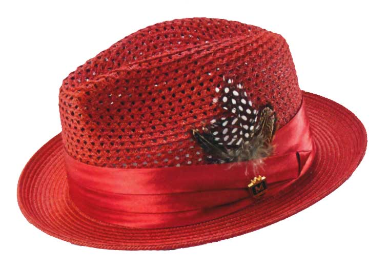 Red Vent Monique with red ribbon and feather.