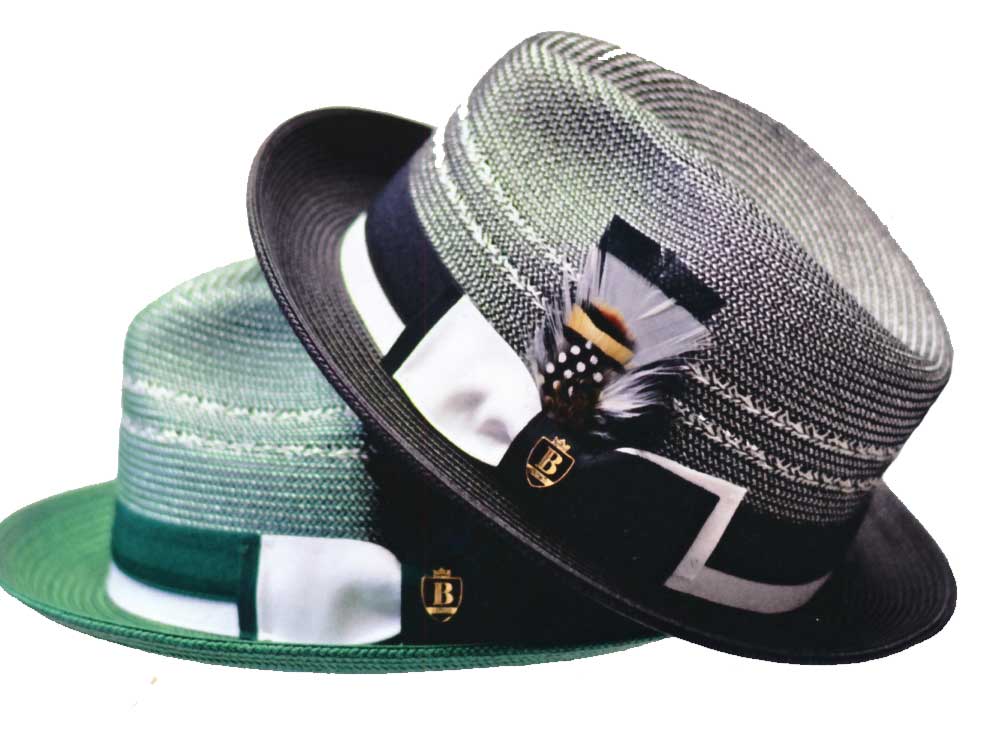 Two Bruno Encores, grey and green straw-like with feather and ribbon trim.