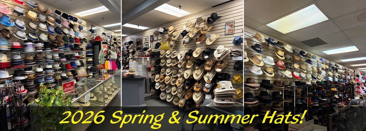 New spring and summer hats on shelves.