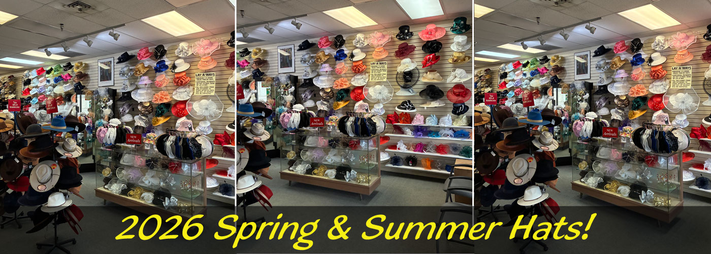 New spring and summer hats on shelves.
